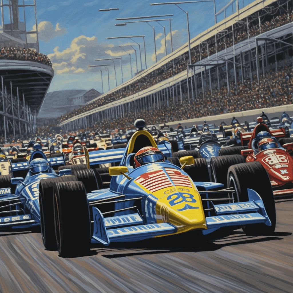 Drawing of Indy 500 track filled with more race cars than ever allowed.